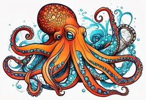 Orange and red Octopus with blue and teal suckers tattoo idea