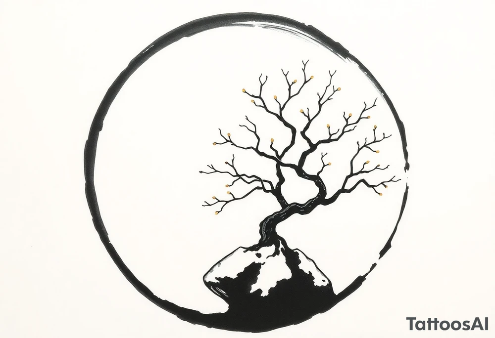 A Japanese‑inspired tattoo of a thick Zen ensō circle, drawn with a bold, hand‑painted black ink brushstroke. The circle is imperfect and organic, with visible texture and subtle variation in line thickness. About the last quarter of the circle, near the top‑right, transforms into a cracked ceramic segment that has been repaired using kintsugi: visible broken pieces outlined and joined by thin, flowing gold lines. There should be a couple big pieces of ceramic and no small ones. The circle and the ceramic part should have the same thickness. The gold seams follow the natural fractures of the ceramic section, creating several branching cracks rather than a single line, clearly distinguishing this repaired portion from the rest of the smooth ink circle. The transition from ink to ceramic should feel natural, as if the painted circle solidifies into a fragile object that has been lovingly mended. The ceramic shall seamlessly flow into a rock from which a tree of life sprouts. Design it as a black and gray tattoo with a subtle metallic gold effect on the kintsugi seams, suitable for a medium‑sized placement on the back of the bicep. tattoo idea