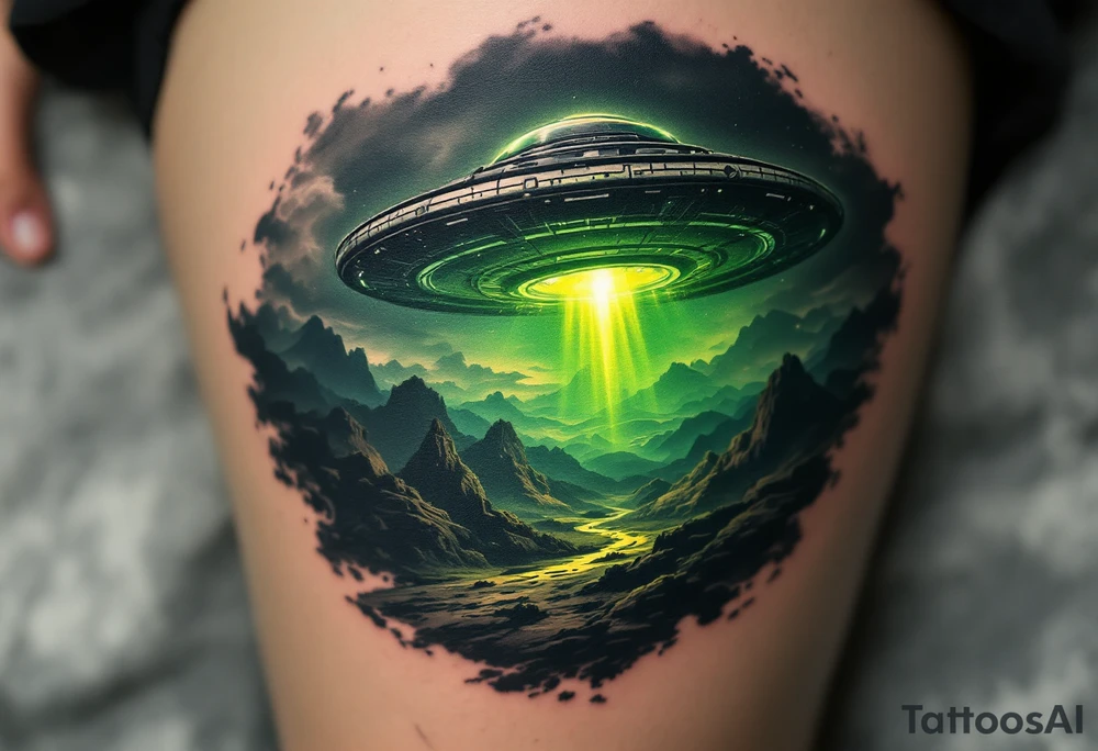 A UFO hovering over a realistic landscape, casting a green glow in deep black, luminescent green, and subtle silver tones. tattoo idea