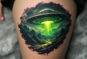 A UFO hovering over a realistic landscape, casting a green glow in deep black, luminescent green, and subtle silver tones. tattoo idea