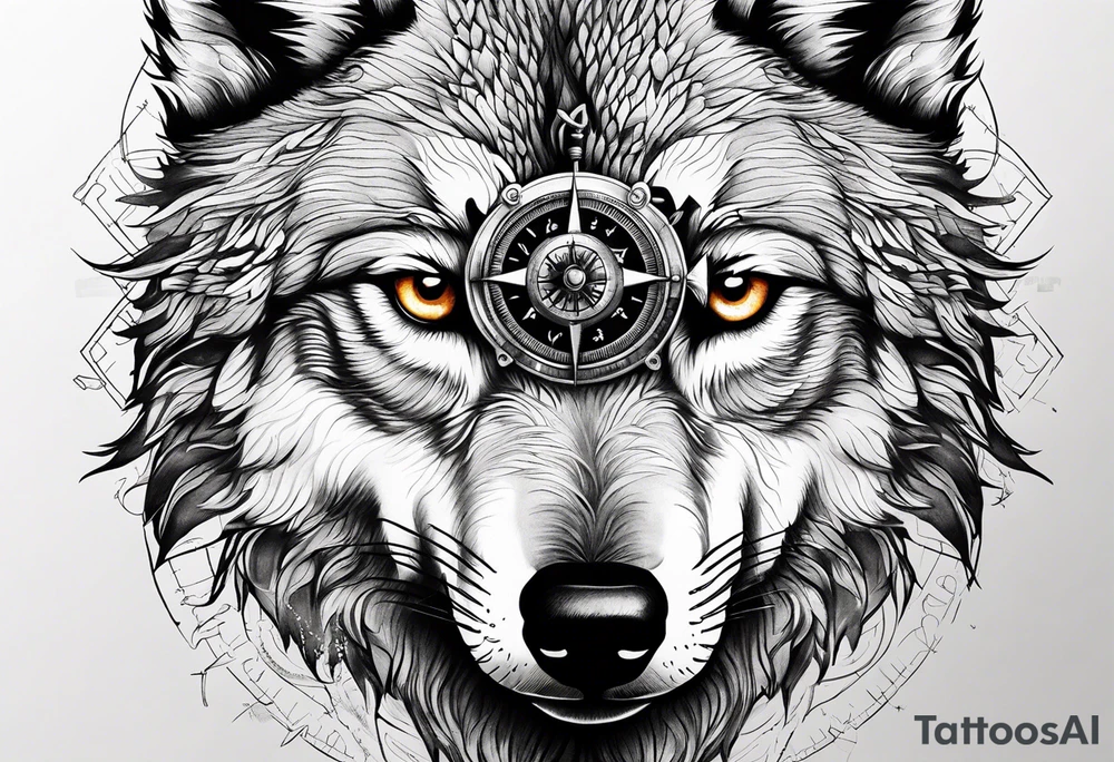 Wolf eyes with a compass in it tattoo idea