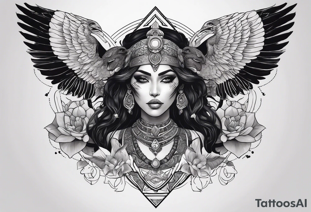 kali ma, alien goddess, valkrye, aries, pirate, divine feminine, zenza resonance, pachamama, lotus azul, blank panther, eagle, skull, 5D, nueva gaya, dna 12, left side chest tatoo tattoo idea