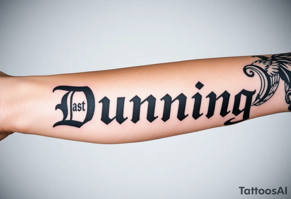 Last name Dunning, in Roman bold font in middle of forearm with background including leaves,angel wing going near elbow,tribal pattern. tattoo idea