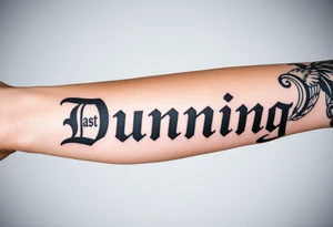 Last name Dunning, in Roman bold font in middle of forearm with background including leaves,angel wing going near elbow,tribal pattern. tattoo idea