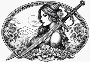 with lady juctice emblem a sword and a scale tattoo idea