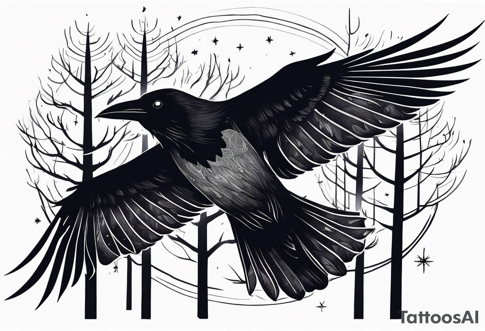 Raven flying, occult, mystical, knowing, light behind its eyes, ethereal, night sky and trees in the background tattoo idea