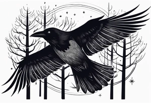 Raven flying, occult, mystical, knowing, light behind its eyes, ethereal, night sky and trees in the background tattoo idea