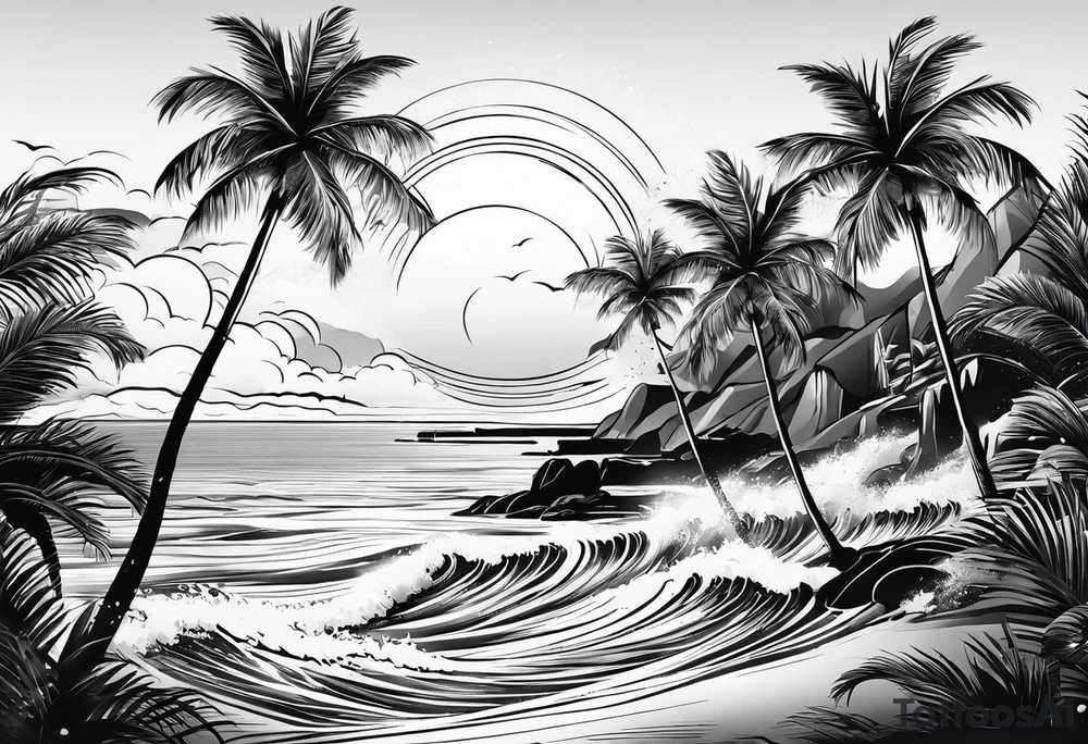 travel theme with sunshine, palm tree, waves tattoo idea