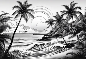 travel theme with sunshine, palm tree, waves tattoo idea