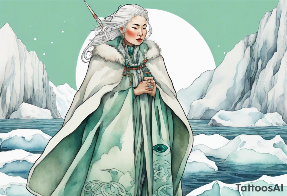 a 40-year-old Sami woman with white  hair wearing a white and mint cloak standing on an iceberg with one narwhal in the background tattoo idea