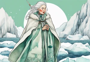 a 40-year-old Sami woman with white  hair wearing a white and mint cloak standing on an iceberg with one narwhal in the background tattoo idea