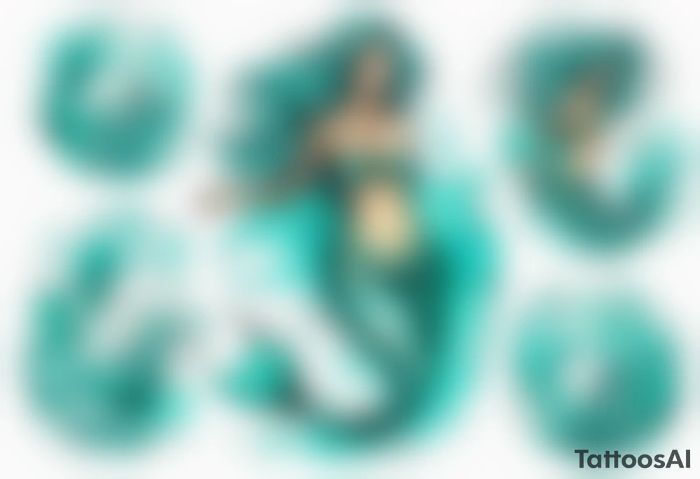 a turquoise mermaid swimming in the sea surrounded by crashing waves tattoo idea