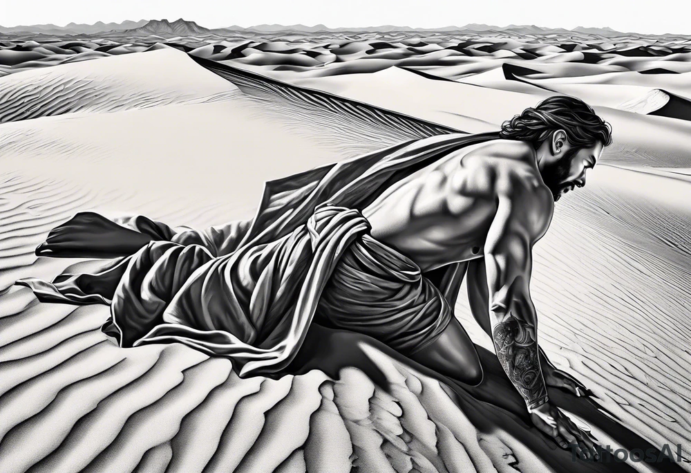 man crawling in a desert reaching to the cross of Christ tattoo idea
