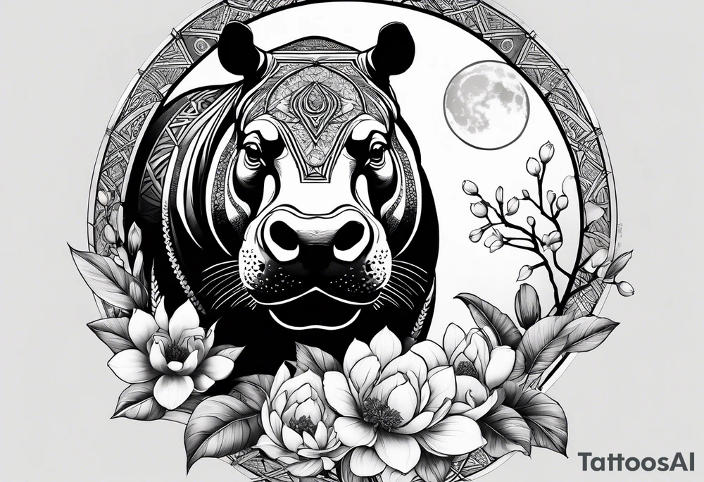 Very asymmetrical, +geometric pattern, with realistic full moon, with seeious looking hippo, +zen feel, + Buddhism touch, +tribal, +geometric
with wintersweet flower bud, +portrait orientation, +inkart touch, tattoo idea