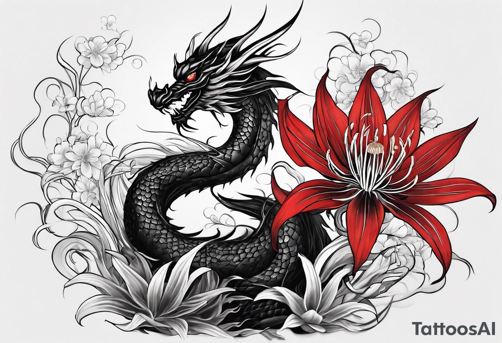 Black Dragon, 
Red Spider Lily, minamalistic tattoo idea