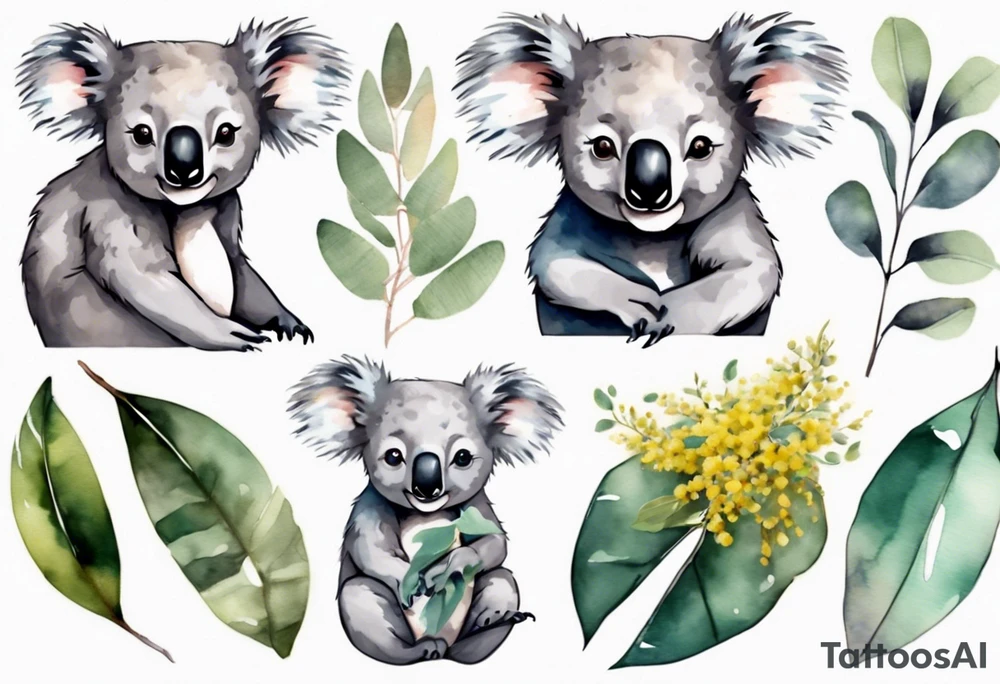 A koala with eucalyptus leaves and wattle leaves tattoo idea