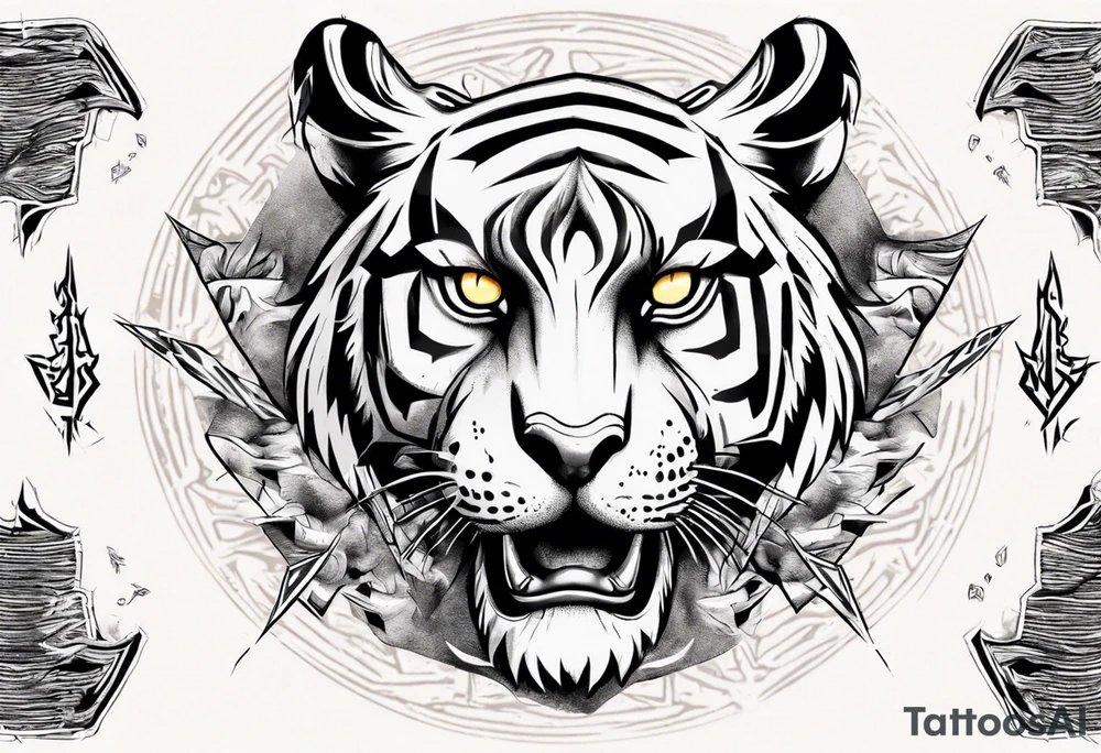 Ancient tiger with lightning and a sun for a forearm sleeve. With patterns surrounding it tattoo idea