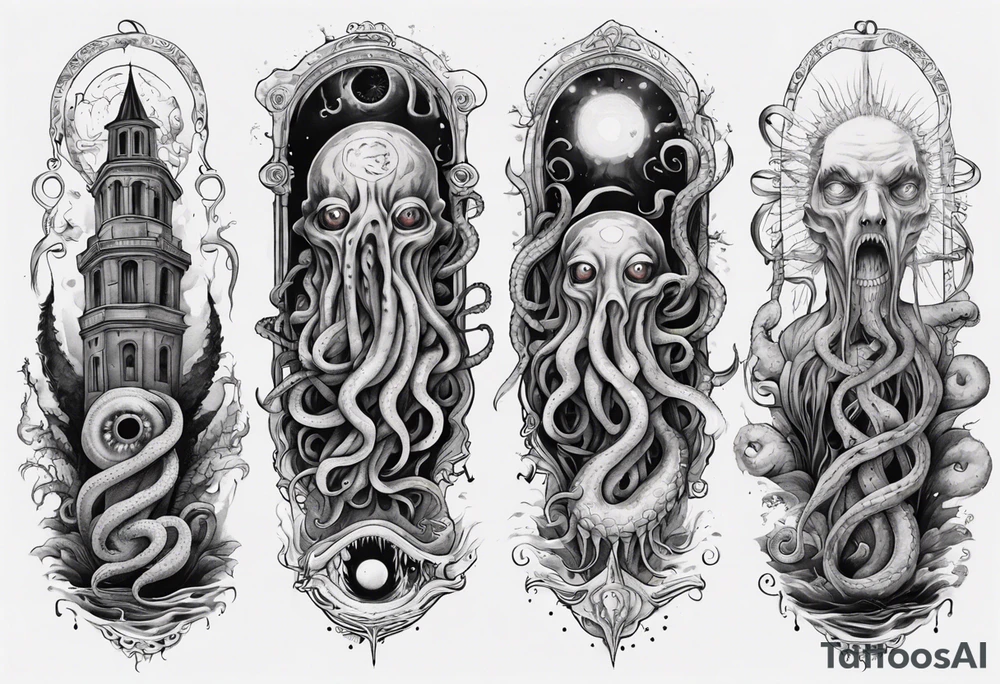 lovecraft long tattoo to put on the forearm, with eye and tentacle tattoo idea