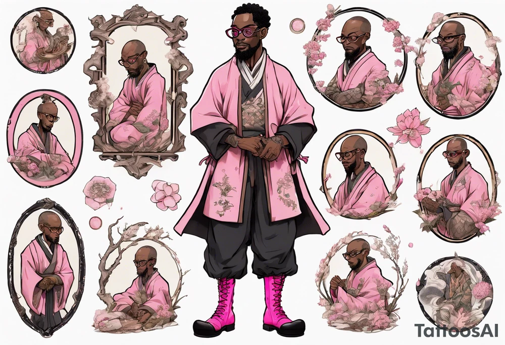 a medieval black man wearing round glasses, wearing pink boots, wearing a black tunic tattoo idea