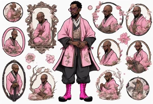 a medieval black man wearing round glasses, wearing pink boots, wearing a black tunic tattoo idea