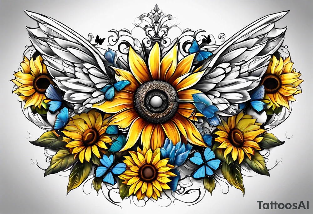 Winged cross with sunflower and butterflies tattoo idea