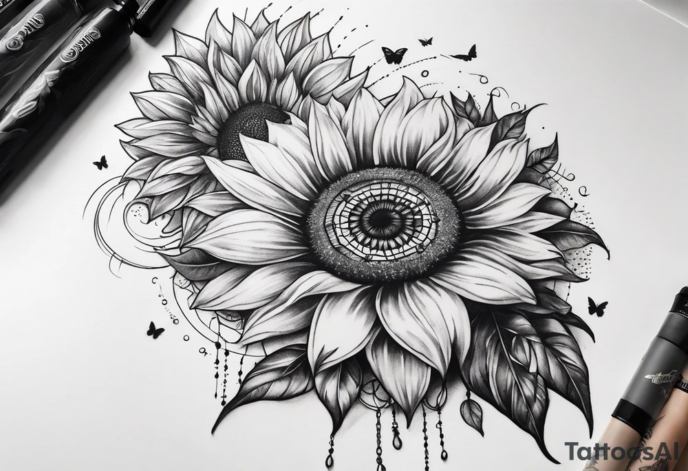 arm sleeve with dreamcatcher, rainbow sunflowers and one butterfly tattoo idea