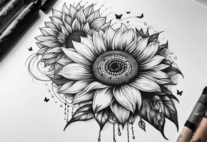 arm sleeve with dreamcatcher, rainbow sunflowers and one butterfly tattoo idea