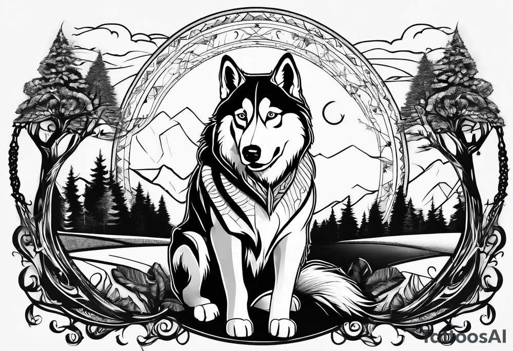 husky with compas and trees tattoo idea