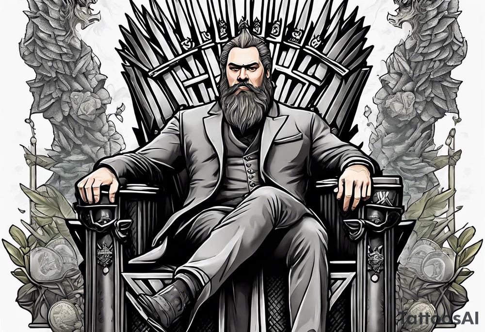 Large man carrying bags of money to a thin German man sitting on an iron throne tattoo idea