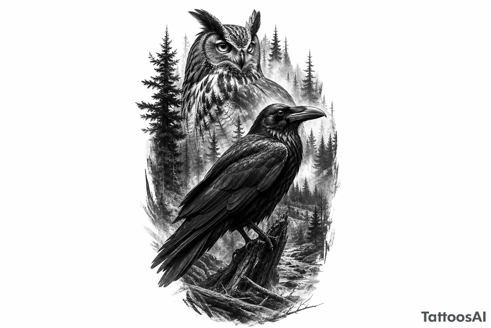 Detailed raven and owl in a dense, foggy forest, photorealistic style. tattoo idea