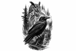Detailed raven and owl in a dense, foggy forest, photorealistic style. tattoo idea