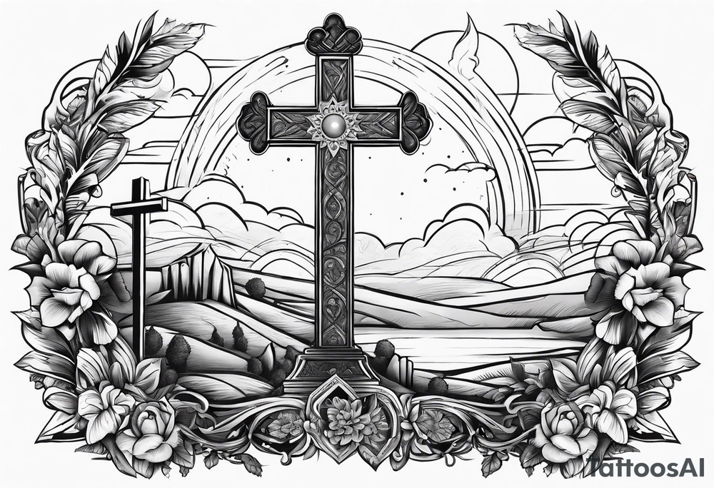 Tomb with cross and sun in the background tattoo idea