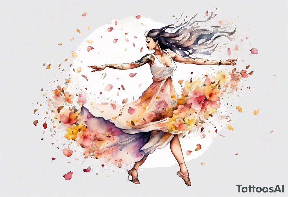 One Very feminine woman dancing in a wind of flower petals tattoo idea