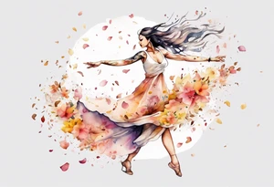 One Very feminine woman dancing in a wind of flower petals tattoo idea