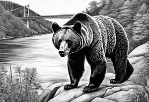 Large thigh tattoo, realism, black and white, black bear with the new river gorge bridge in the background tattoo idea