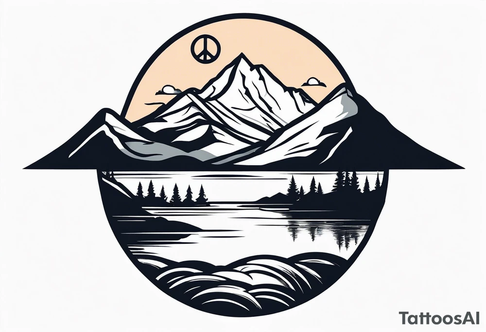 Mountain scene with a river with a subtle peace sign. Use IT IS WELL written in the scene tattoo idea