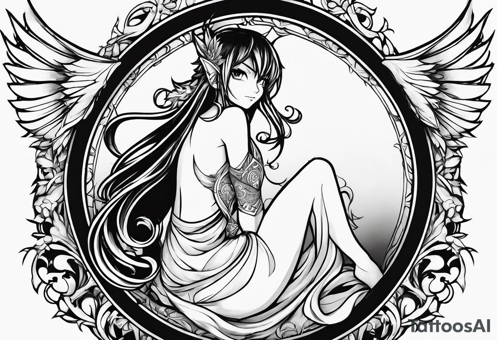 A fairy with a tail inspired by the logo of the show called Fairy Tail in a fetal position leaning in tattoo idea