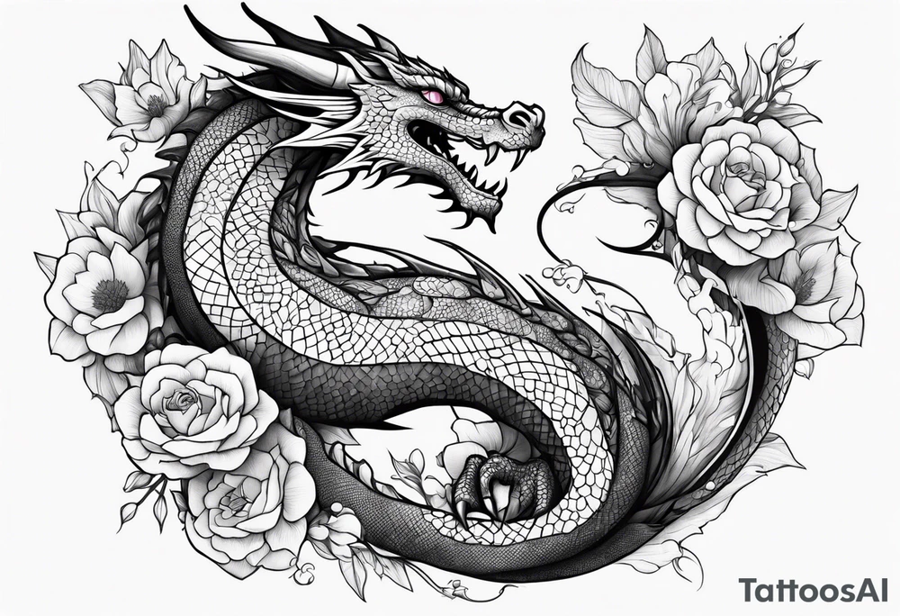 Dragon with September birth flower going up the spine tattoo idea