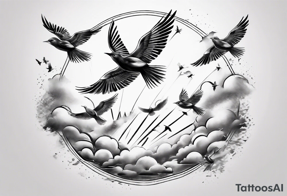 shoulder tattoo with light rays with birds flying free among the clouds, round shape, 3d effect tattoo idea