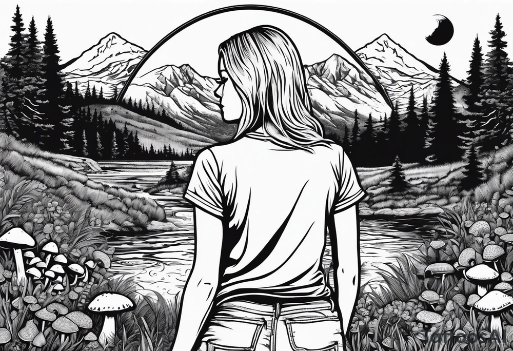 Whole picture encircled fully

Straight long blonde hair hippie girl in distance holding mushrooms in hand facing away toward mountains and creek surrounded by mushrooms tee shirt and hiking pants; whole rendering within a full circle, no cut off circle tattoo idea