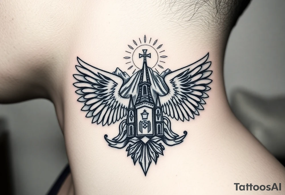 russian coat of arms with both heads visible & wings with an orthodox christian church being visible in a mountainous sun beaming setting, with the russian orthodox cross spire of the orthodox church being visible with a sun beaming in the background that the cross sits inside tattoo idea