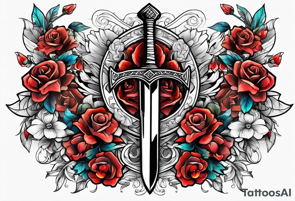 Bloody sword and flowers tattoo idea