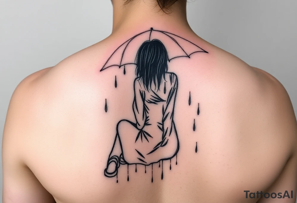 A girl sitting in the rain with no umbrella letting the rain take her away as it pours almost like she’s fading tattoo idea