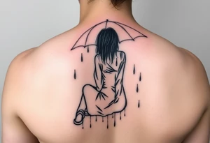 A girl sitting in the rain with no umbrella letting the rain take her away as it pours almost like she’s fading tattoo idea