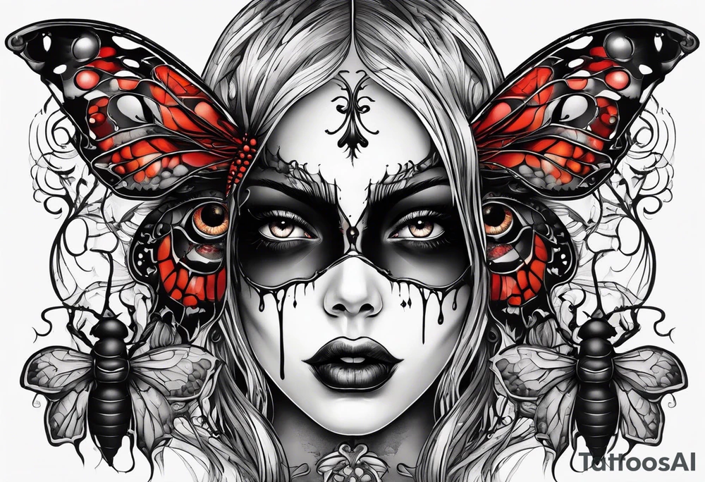 Surrealistic Gothic elements with beauty girl face with horror eyes. Realistic insects in Horror style tattoo idea