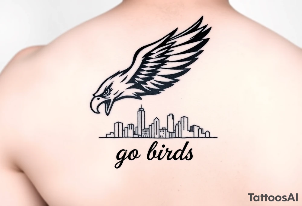 Philadelphia Eagle classic logo flying over Philadelphia city skyline with the words go Birds under it on bicep tattoo idea