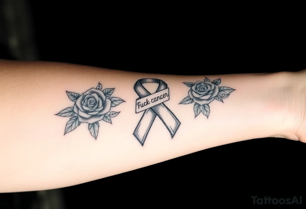 Pretty Cancer ribbon that says fuck cancer with roses tattoo idea