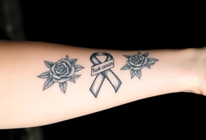 Pretty Cancer ribbon that says fuck cancer with roses tattoo idea