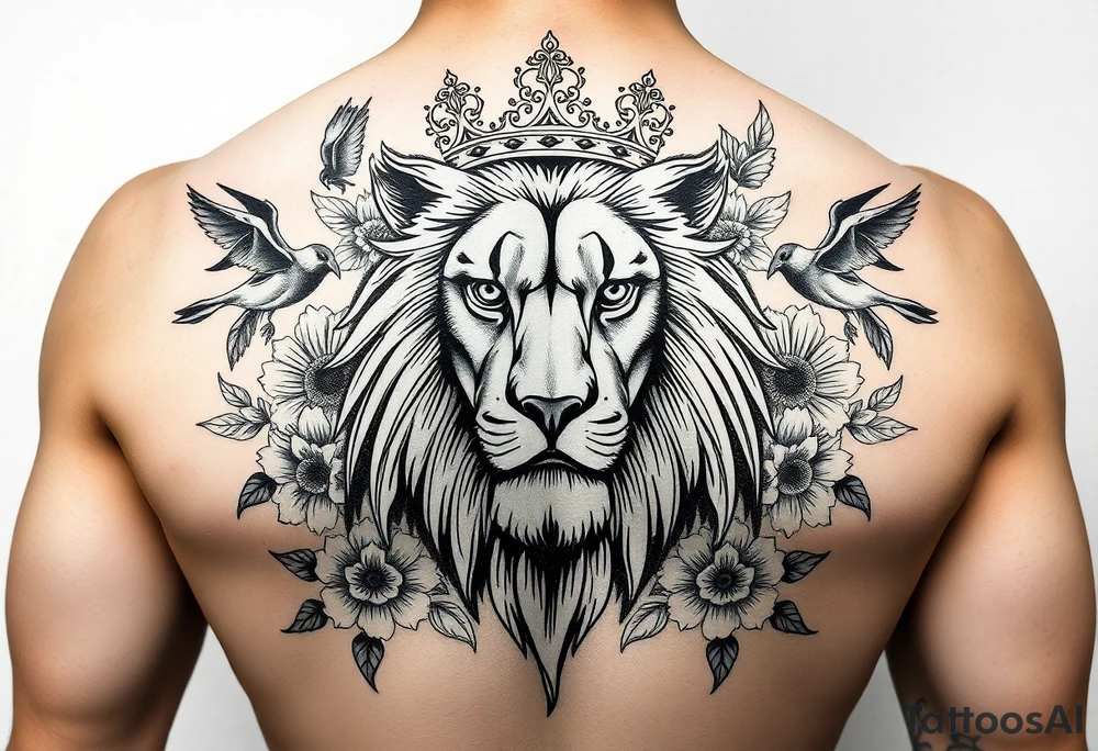 powerful majestic lion with a crown, surrounded by floral ornaments and birds tattoo idea