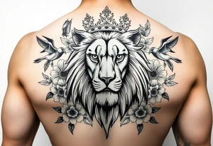 powerful majestic lion with a crown, surrounded by floral ornaments and birds tattoo idea